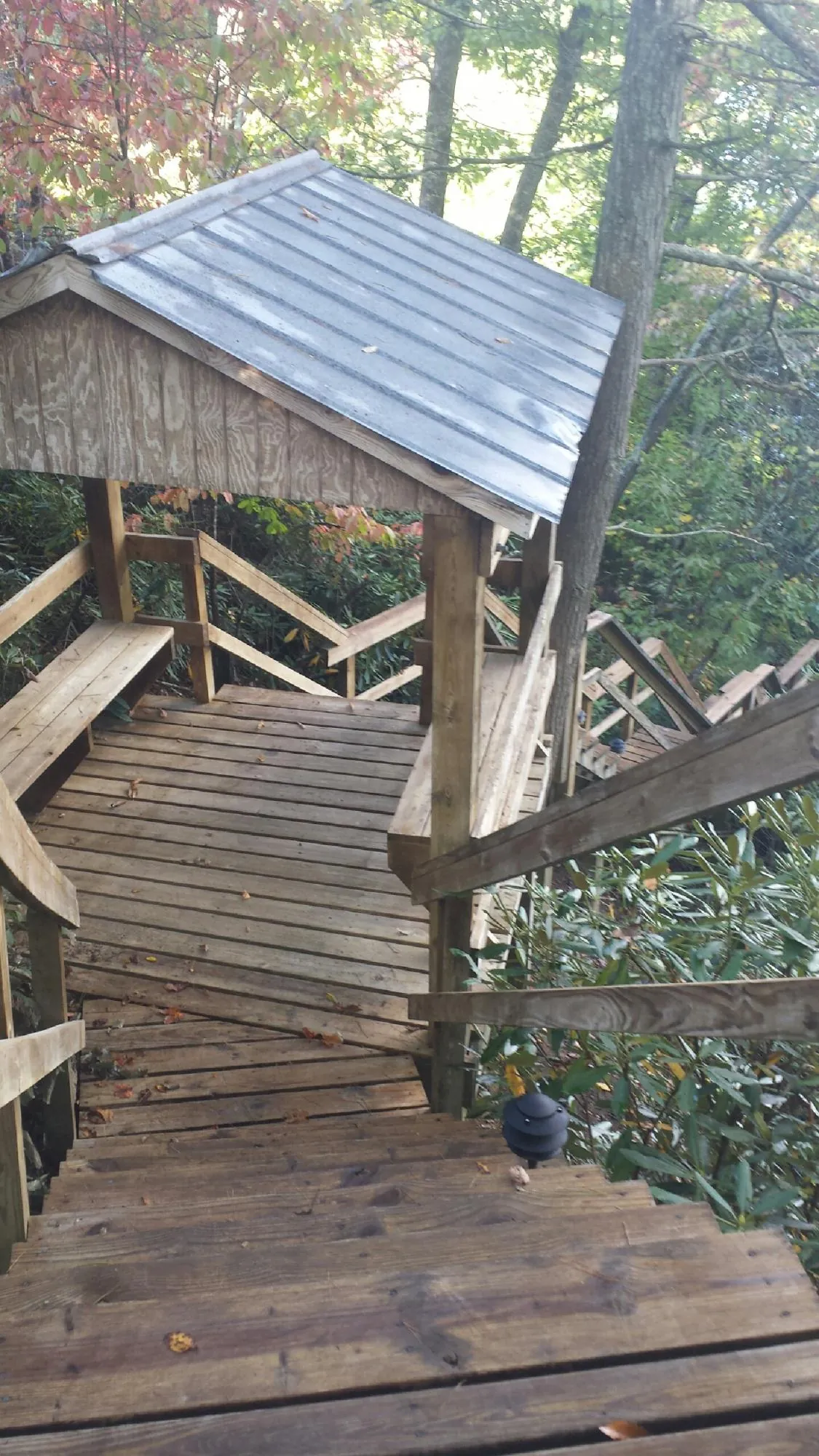 Metal roofed shelter over wooden steps on a wooded walkway — Skylight Repair & Installation work by our crew in Hitterdal